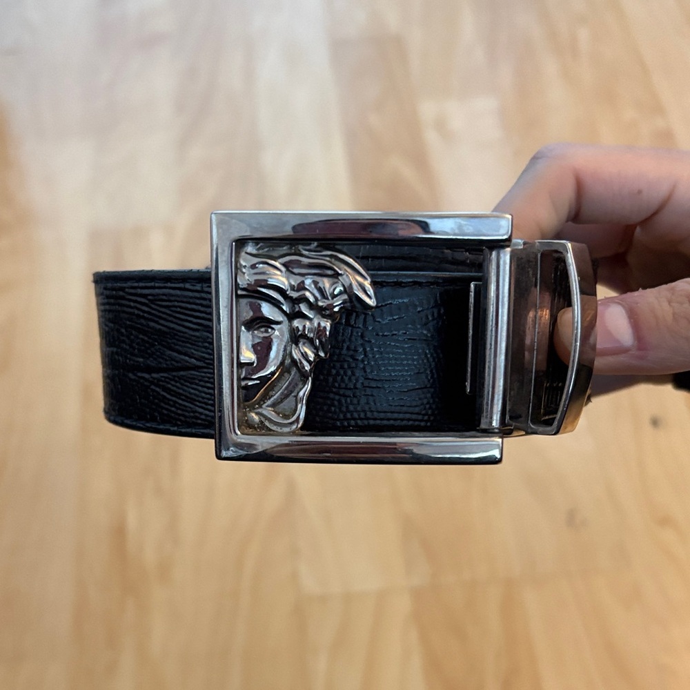 Versace Black Belt with Silver Medusa Buckle